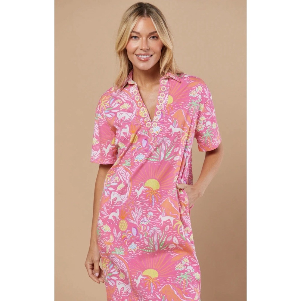 SHERIDAN FRENCH Reece Dress Women's Size Large Whimsical Island Sunrise Pink